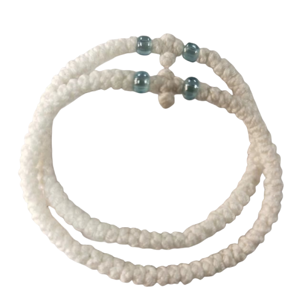 Greek Orthodox prayer rope Komboskini 61, knotted wax thread bracelet, Greek cross prayer rope bracelet white color and green beads