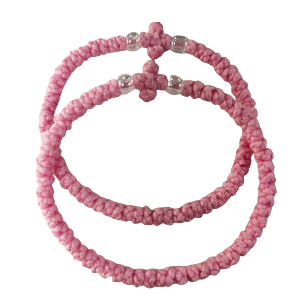 Greek Orthodox prayer rope Komboskini 61 knots, knotted wax thread bracelet, Greek cross prayer rope bracelet pink color and clear beads