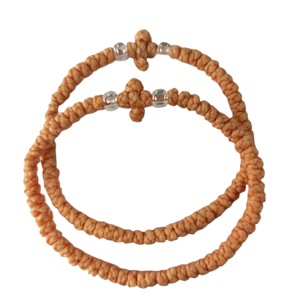 Greek Orthodox prayer rope Komboskini 61, knotted wax thread bracelet, Greek cross prayer rope bracelet orange color and clear ball